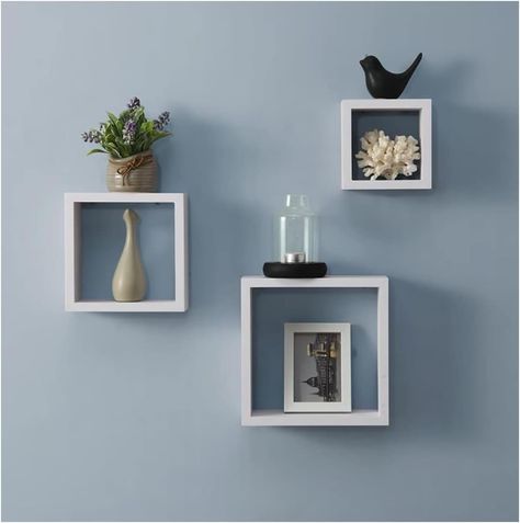 spot on dealz® Cali Wall Floating Shelves Cube Box Set of 3 Wooden White Wall Shelf for Bedroom Living Room Kitchen Decorative Furniture Display Shelving Unit Floating Cube Shelves, White Wall Shelves, Trophy Display, Square Shelf, Cube Shelves, Large Wall Space, Construction Details, Room Color Schemes, Wood Product