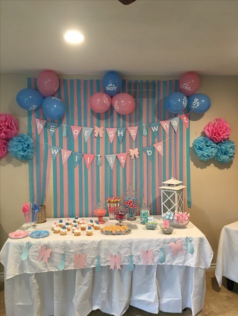 Gender Reveal Sweets Table Ideas, Snack Table Gender Reveal, Food Table Gender Reveal, Candy Bar Ideas Gender Reveal, Dessert Bar Gender Reveal, Gender Reveal Dessert Table Ideas, Gender Reveal Table, Gender Reveal Candy Table, Gender Reveal Dessert Table