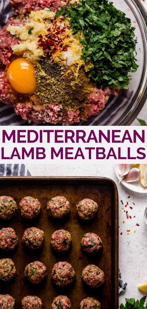 Meatballs Mediterranean, Baked Lamb Meatballs, Mediterranean Lamb, Mediterranean Meatballs, Lamb Meatballs Greek, Greek Roasted Potatoes, Lamb Meatballs, Lamb Dishes, Meal Prep Bowls