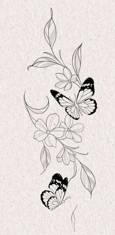 Flower Sketches Tattoo, Butterfly With Wild Flowers Tattoo, Tattoo Stencil Outline Butterfly, Butterfly With Leaves Tattoo, Butterfly Leaf Tattoo, Tropical Leaves Tattoo Design, Butterfly Vine Tattoo For Women, Wrist Tattoos For Women Stencil, Butterfly Floral Tattoo Design