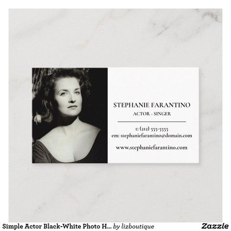 Simple Actor Black-White Photo Headshot Horizontal Business Card Portrait Business Card, Actor Business Cards, Professional Business Card Design With Photo, Filmmaker Business Card, Photography Business Cards Template, Photo Business Cards, Headshot Photos, Photo Layouts, Black White Photos