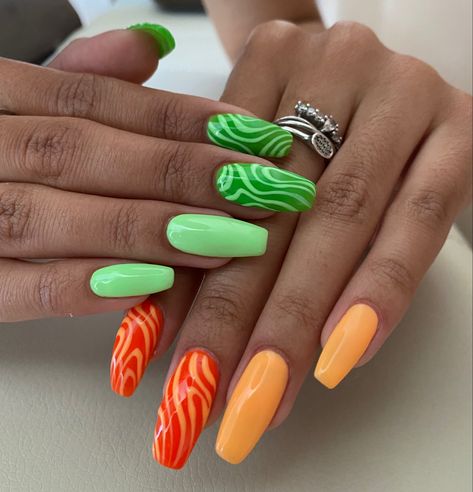 Orange And Lime Green Nails, Green And Orange Nails, Orange And Green Nails, Summer Nails 2014, Orange Nails Design, Nails Design For Summer, Lilac Nails Design, Lime Green Nails, Orange Acrylic Nails