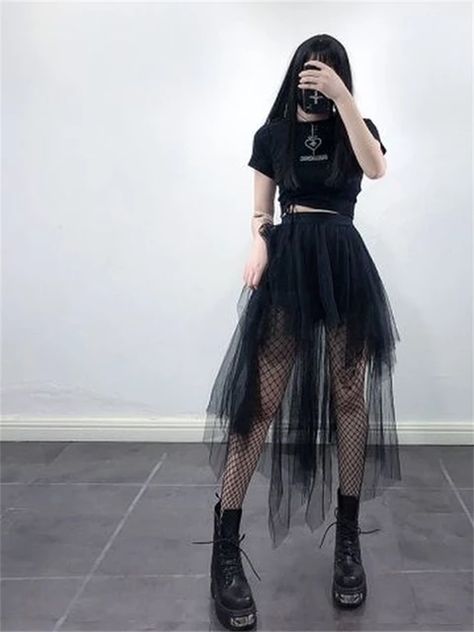 Gothic Black Mesh Long Mini Skirt Women Multilayer Irregular Dark Aesthetic Fairy Grunge Midi Skirts Punk Emo Alt Korean Fashion - Skirts - AliExpress Tulle Skirt Women, Black Mesh Skirt, Harajuku Skirt, Black Tulle Skirt, Crazy Fashion, Tule Rok, Aesthetic Fairy, Gauze Skirts, Tulle Skirt Black