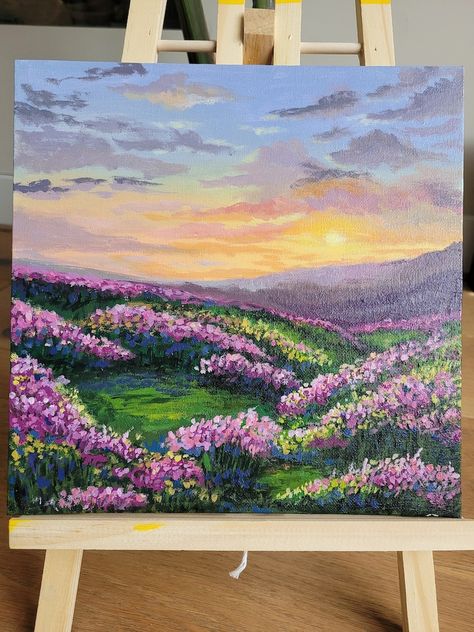 Sunset in the Mountains. 100% Handmade. Mountain Landscape. Flower Fields. Acrylic Painting. - Etsy Acrylic Paint Painting, Sunset Field Painting, Scenary Paintings Acrylic, Flower Sunset Painting, Nature Paintings Acrylic Easy, Paintings Ideas Aesthetic, Landscape Art Painting Acrylic, Acrylic Painting Mountains, Watercolor Desert Landscape