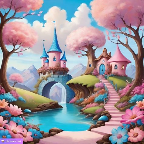 Fairy Village Painting, Fairytale Castle Art, Castle Illustration Fairytale, Fairy Garden Drawing, Fairy Tale Castle Illustration, Fairy Tale Village, Mystical Castle Art, Village Art, Fantasy Town