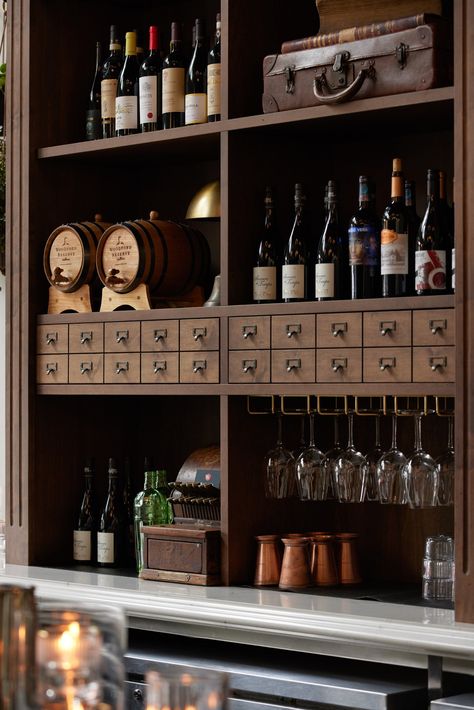 The Watson Vancouver Restaurant Back Bar Shelving, Small Bourbon Bar, Bourbon Cabinet, Bookshelf Bar, Hall Background, Home Bar Wall, Whiskey Lounge, Bookcase Bar, Man Cave Room