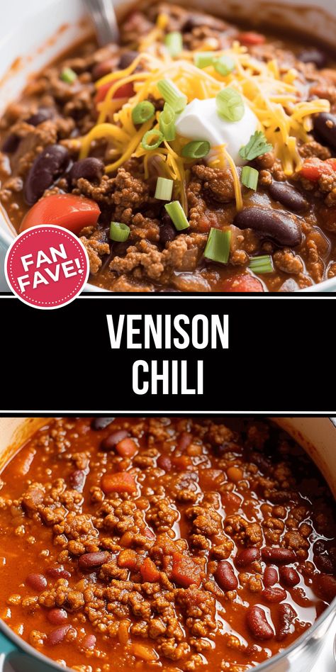 Venison Chili is a versatile and delicious dish that you can make with ground deer meat and some pantry staples. It’s perfect for the cold months of hunting season or any time you crave some comfort food. Dinner With Deer Meat, Chili Recipe Venison, Healthy Ground Deer Meat Recipes, Easy Venison Chili, Best Deer Chili Recipe, Deer Seasoning, Deer Meat Crockpot Recipes, Deer Recipes Ground, Venison Chili Crockpot