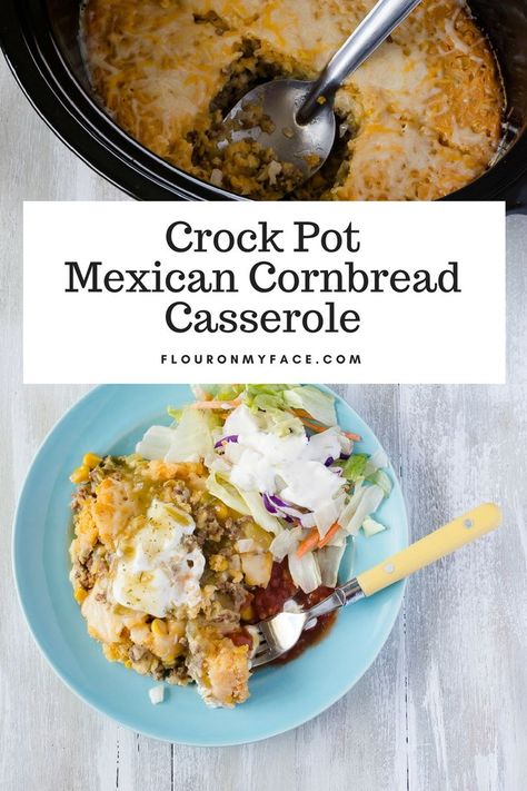 Crock Pot Mexican Cornbread Casserole is a cheesy cornbread casserole made with cornmeal, ground beef, cheesy, chilies and taco sauce. Serve it with your favorite Mexican food toppings.#flouronmyface Mexican Cornbread Salad, Crockpot Cornbread, Easy Mexican Cornbread, Mexican Cornbread Casserole Recipe, Crock Pot Mexican, Dump And Go Recipes, Mexican Cornbread Casserole, Mexican Cornbread Recipe, Mexican Casseroles