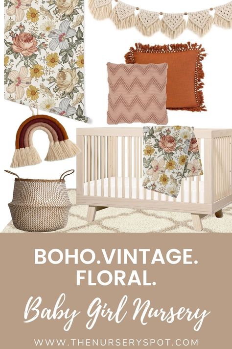 Vintage Floral Nursery, Boho Baby Girl Nursery, Nursery Design Board, Boho Nursery Girl, Girl Nursery Wallpaper, Boho Baby Nursery, Floral Nursery Decor, Boho Baby Girl