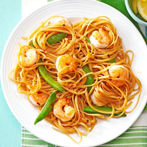 Sesame Noodles with Shrimp & Snap Peas Recipe -Stir-fries and busy nights are a meal match made in heaven. For a boost of vibrant color and freshness, I sometimes stir in chopped cilantro just before I serve it from the pan. —Nedra Schell, Fort Worth, Texas Light Pasta Recipes, Pasta Entrees, Noodles With Shrimp, Light Dishes, Snap Peas Recipe, Seafood Meals, Veggies Recipes, Linguine Recipes, Light Pasta