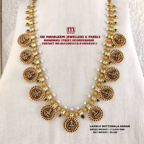 Kundan Bottu Mala, Bottumala Haram, Bottu Mala Jewellery Designs, Bottumala Designs, Bottu Mala, Whatsapp Video Call, Mala Jewelry, Antique Necklaces Design, Antique Necklaces