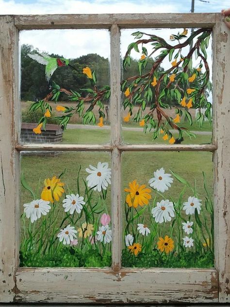 Old Window Art, Window Pane Art, Painted Window Art, Painting On Glass Windows, Painted Windows, Window Crafts, Window Panes, Window Projects, زجاج ملون