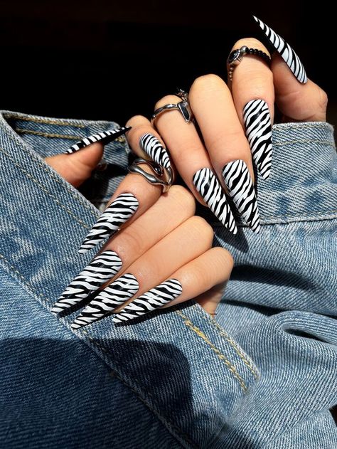 Upgrade Your Look with 24pcs Long Stiletto Zebra Stripe Pattern Glossy Fake Nail & 1pc Nail File & 1sheet Tape | SHEIN USA Zebra Stripe Nails, Tiger Stripe Nails, Zebra Nail Art, Zebra Print Nails, Zebra Nails, Long Stiletto, Square Nail Designs, Swarovski Nails, Animal Print Nails