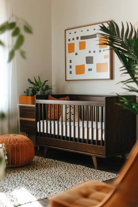 Cozy Dark Brown Crib Nursery Ideas to Inspire Espresso Nursery Ideas, Nursery With Dark Crib, Chocolate Brown Nursery, Dark Cozy Nursery, Warm Nursery Ideas, Nursery Ideas Orange, Dark Brown Crib Nursery, Dark Brown Nursery, Dark Wood Crib Nursery