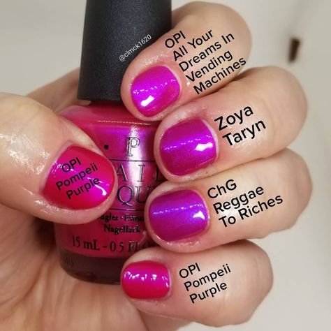 Comparison Swatches ♡ OPI | Pompeii Purple (thumb, pinky) • OPI | All Your Dreams In Vending Machines (index) • Zoya | Taryn (middle) • China Glaze | Reggae To Riches Opi All Your Dreams In Vending Machines, Pompeii Purple Opi, Opi Gel Nail Polish, Opi Pink, Nail Swatches, Opi Nail Colors, Pretty Nail Colors, Graduation 2024, Purple Nail Polish