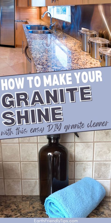 Picture of shiny granite countertops in kitchen and bottle of homemade granite cleaner with text overlay How to Make Your Granite Shine With This Easy DIY Granite Cleaner How To Clean Black Cabinets, How To Polish Granite Countertops, Polish Granite Countertops, Polishing Granite Countertops Diy, How To Shine Granite Countertops, Granite Polish Diy, Homemade Countertop Cleaner, How To Clean Granite Countertops, Granite Cleaner Diy Countertops