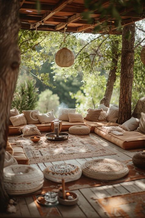 29 Boho Tranquil Spaces for Peaceful Living 15 Nature Resort Design, Spiritual Center Design, Nature Retreat Ideas, Meditation Set Up, Farm Retreat Ideas, Outdoor Retreat Ideas, Boho Tree House, Spa Retreat Ideas, Outdoor Wellness Area