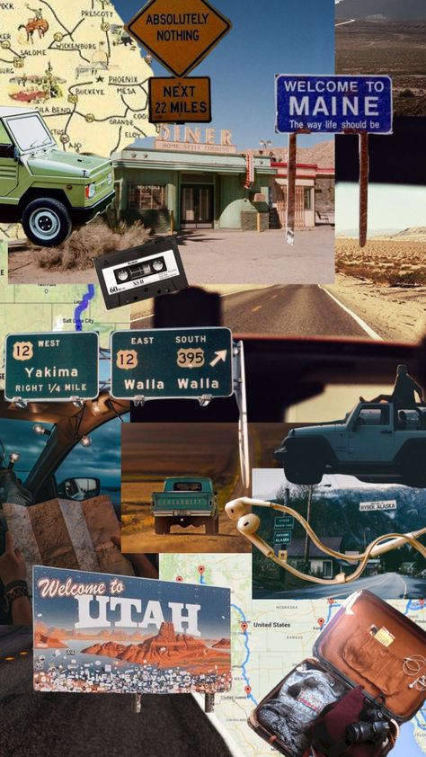 Road Trip Music Aesthetic, Vintage Roadtrip Aesthetic, Road Trip Mood Board, Vintage Road Trip Aesthetic, Road Trip Collage, Road Trip Scrapbook, Trip Collage, Hyder Alaska, Trip Moodboard