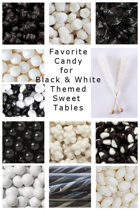 Most favorite candy for a black and white themed candy buffet, candy table or sweet table. Black And White Charcuterie Board, Black And White Candy Table, Black And White Candy Bar, Black And White Dessert Table, Black And White Themed Party, White Candy Table, Sweet Boards, Black Candy Buffet, White Dessert Tables