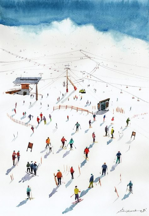 Vermont Painting Skiers Original Watercolor Painting Vermont | Etsy Ukraine Love Watercolor, Ski Art, Detailed Paintings, Ship Artwork, Ski Season, Watercolor Paints, Painting On Paper, Plein Air Paintings, Art Collage Wall