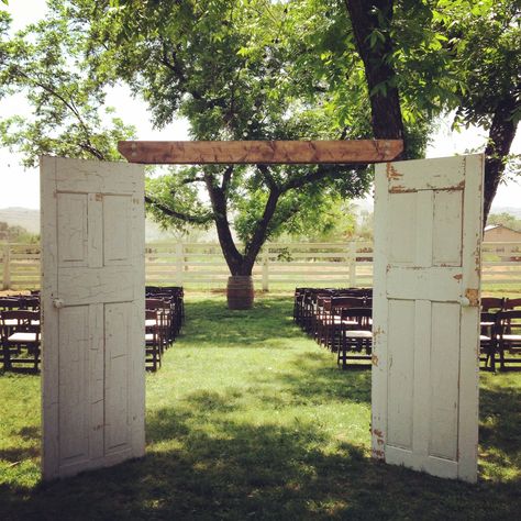 Antique french door aisle entrance; ceremony backdrop Wedding Photo Wall Display, Wedding Ceremony Aisle, Wedding Photo Walls, Backyard Wedding Decorations, Antique French Doors, Ceremony Aisle, Wedding Doors, Entrance Ideas, Vintage Doors