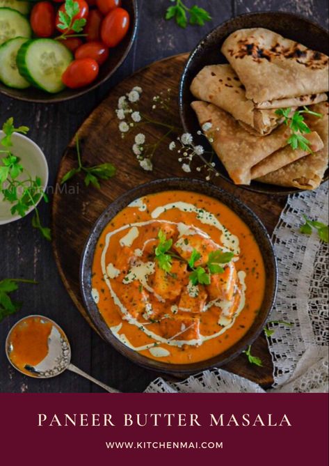 Restaurant style paneer butter masala served in a bowl with naan and fresh salad Easy Paneer Recipes, Masala Kitchen, Paneer Curry, Paneer Butter Masala, Paneer Makhani, Butter Masala, Jeera Rice, Flavored Butter, Dinner This Week