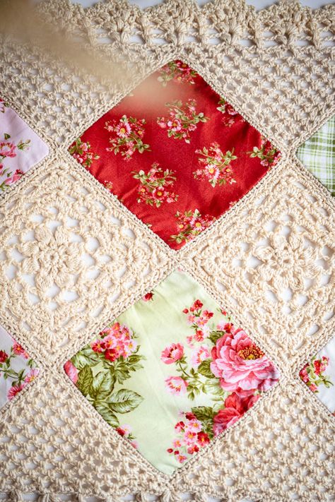 Vintage Charm Fabric & Crochet Table Runner - I Like Crochet Repurpose Crochet Tablecloth, Vintage Crochet Granny Squares, Fusion Crochet, Fusion Quilt, Crochet Quilt Pattern, Crochet Flower Squares, Fabric Crochet, Crochet Edgings, Doilies Crafts