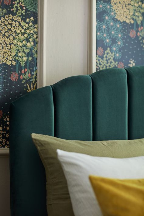 Green Velvet Headboard, Interior Trends 2022, Emerald Green Bedroom, Emerald Green Bedrooms, Statement Bed, Green Headboard, Australia House, Velvet Headboard, Velvet Bed