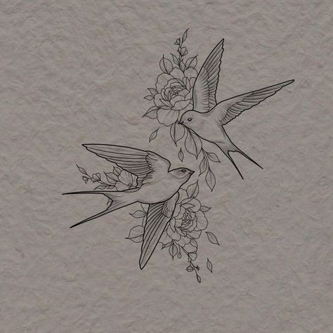 Doves And Flowers Tattoo, Lovebird Tattoo, Sparrow Tattoos, Mockingbird Tattoo, Bird And Flower Tattoo, Swallow Tattoo Design, Bird Tattoo Sleeves, Henne Tattoo, Tattoos 2024