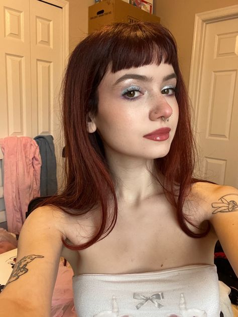 mermaid core girl takes a selfie with baby bangs/ micro bangs with light sparkly mermaid makeup Aesthetic Haircut With Bangs, Long Shag Micro Bangs, Orange Hair Micro Bangs, Very Short Bangs Long Hair, Alternative Hair With Bangs, Wolfcut Micro Bangs, Micro Bangs Medium Hair, Red Hair Micro Bangs, Micro Bangs Red Hair