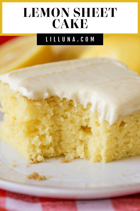 Bright Lemon Sheet Cake with creamy lemon buttercream frosting is a sunny dessert perfect for feeding a crowd! #lemonsheetcake #sheetcake #lemoncake #lemon #cake Strawberry Lemon Sheet Cake, Yellow Sheet Cake With Chocolate Frosting, Cooking With Shereen Lemon Loaf, Lemon Sheet Cake With Glaze, Devotion Lemon Cake, Lemon Sheet Cake Recipe, Easy Lemon Cake Recipe, Box Lemon Cake, Lemon Buttercream Frosting