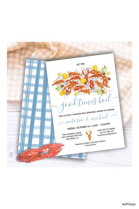 Crawfish Boil Party Decorations, Rehearsal Dinner Party, Crawfish Boil Party, Retro Wedding Invitations, Dinner Party Invitations, Crawfish Boil, Blue Themed Wedding, Seafood Boil, Modern Watercolor