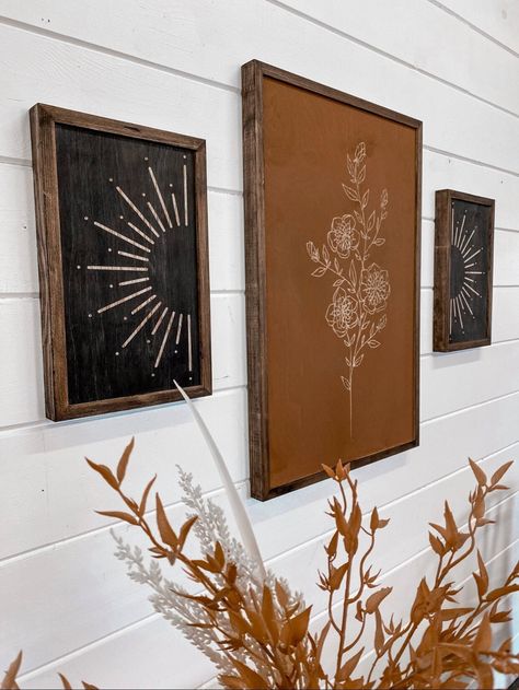 "Boho Artwork Description  Bring your walls to life with this handmade Flower artwork set! This artwork is handmade using repurposed materials. Each design is pencil drawn and engraved using a laser for accuracy. Please note: All pieces are now made using a semi transparent wood stain. Some of the wood grain will show through on every piece. I do my best to take the listing photos in natural light but the actual color of each piece may very slightly from the listing photos. The sizes are 20x30\" inches for the centerpiece and 10x16\" inches for the side pieces. This artwork is very lightweight. There is no need to attach hardware, you can use the frames for hanging. Please allow 1-3 days for production after purchase is complete You will receive an email once your order has shipped. Your p Boho Bathroom Wall Decor Ideas, Wall Decor With Lights, Boho Picture Wall, Abstract Wall, Home Decor Ideas Minimalist, Boho Decorations, Rustic Boho, Boho Hallway Decor, Rustic Mexican Home Decor