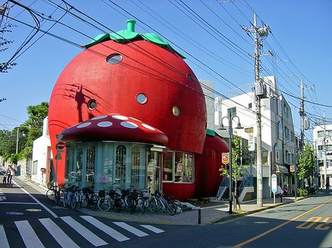 Sanrio Strawberry House Tokyo, via Flickr. Strawberry Sanrio, Strawberry House, Tokyo House, House Tokyo, Crazy Home, Crazy Houses, Unusual Buildings, Unusual Homes, Interesting Buildings