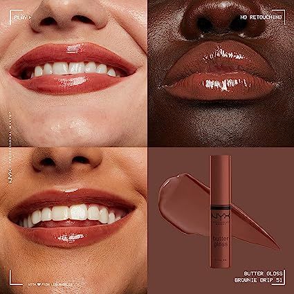 Nyx Brownie Drip, Nyx Butter Gloss Brownie Drip, Fall Lip Gloss, Nyx Butter Gloss Swatches, Nyx Swatches, Lip Reference, Butter Lip Gloss, Makeup Favorites, Nyx Butter