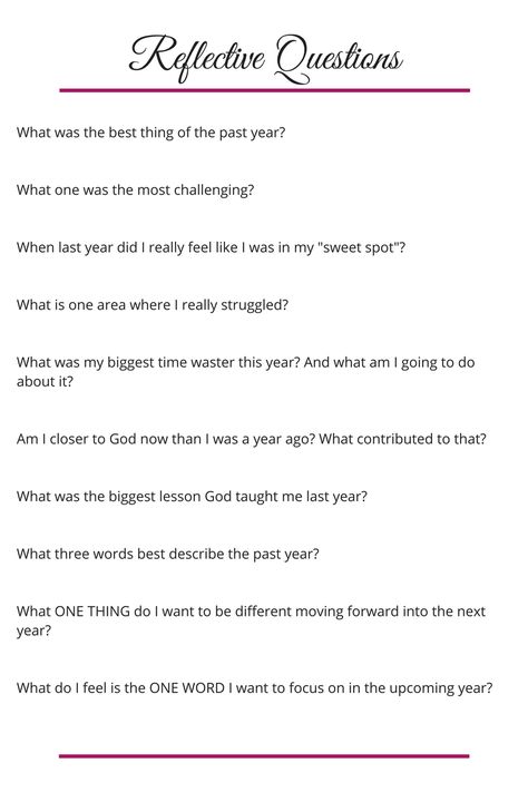 Reflective Questions - Use to help plan goals for the new year and to evaluate past progress. Perfect for setting New Year's Resolutions! Reflective Questions Life, Questions For New Year, Reflective Questions, Goal Planning Worksheet, Year Reflection, Happiness Motivation, Pinterest Christmas, Journal Questions, Reflection Questions