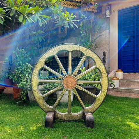 Rolling through time with this antique OX cart wheel. A piece of History, connecting the past to our present. Check out our shop to buy this beautiful piece of antique and get it directly shipped to your doorstep. #vintagevibes #historyinmotion #historylovers #vintagelove #antiqueshop #ancientgreece #artandhistory #wheel #vintagefinds #vintagefindsforsale #antiquedealersofinstagram #shoponline Wooden Wagon Wheels, Creative Backdrops, Wooden Wagon, Corporate Office Decor, Garden Accents, Wagon Wheel, Hotel Decor, Unique Antiques, Ancient Artifacts