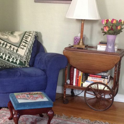 The revamped reading corner with a tea cart as an end table - thanks for the inspiration, Pinterest! How To Style A Tea Cart, Vintage Tea Cart Decor, Tea Cart Decor Display, Vintage Tea Cart Ideas, Antique Tea Cart Makeover, Tea Cart Ideas Decor, Tea Cart Styling, Tea Cart Decor, Tea Cart Ideas