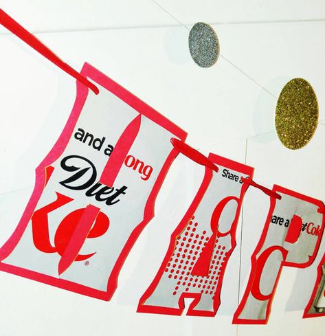 Diet Coke Birthday Decor, Diet Coke Birthday Banner, Upcycled Birthday Party Banner, Diet Coke Party Decor, Diet Coke Birthday Party Coke Party Ideas, Diet Coke Party, Coca Cola Party, Minnie Mouse Cupcake Toppers, Printable Water Bottle Labels, Custom Birthday Banners, Birthday Highchair, 1st Birthday Banners, Diet Coke