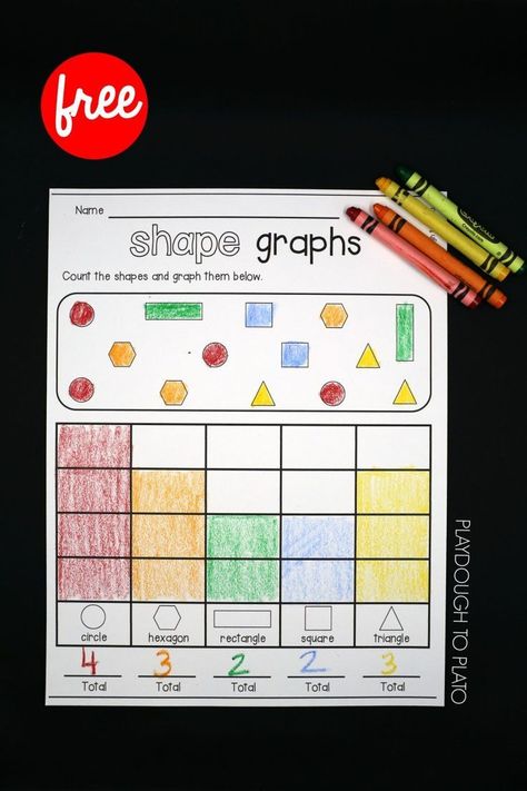 Free Shape Graphs! A fun way work on graphs, shapes counting and recognition with kindergarten and pre-k kids! #kindergarten #shapegames #mathfreebies #playdoughtoplato 2d Shapes Activities, Shapes Worksheet Kindergarten, Measured Mom, Playdough To Plato, Shapes Kindergarten, Graphing Worksheets, Teaching Shapes, Prek Math, Graphing Activities