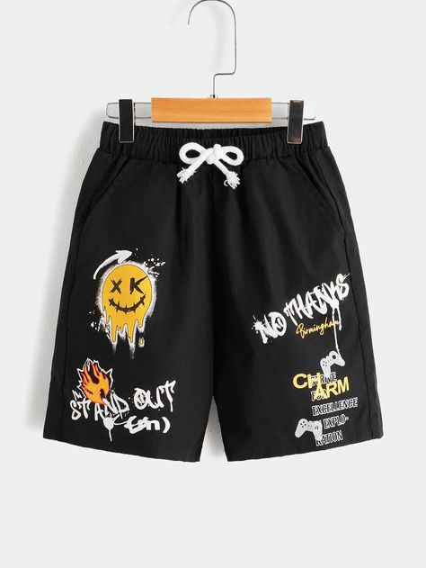 Shorts Design, Graphic Shorts, Boys Shorts, Summer Streetwear Shorts With Graphic Print, Compressive Shorts For Streetwear, Shein Shorts Men, Black Graphic Print Shorts, Graphic Print Streetwear Shorts, Kids Pants Boys