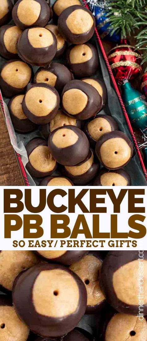 Buckeye Balls are an EASY dessert made from peanut butter balls dipped in chocolate and refrigerated to make a no-bake candy treat with only 6 ingredients! #easy #recipe #best #christmas #holidays #peanutbutter #simple #chocolate #dessert #buckeye #dinnerthendessert Recipe Peanut Butter Balls, Simple Chocolate Dessert, Buckeye Dessert, Buckeye Balls Recipe, Buckeye Recipe Easy, Pb Balls, Buckeye Balls, Buckeyes Recipe, Peanut Butter Balls Recipe