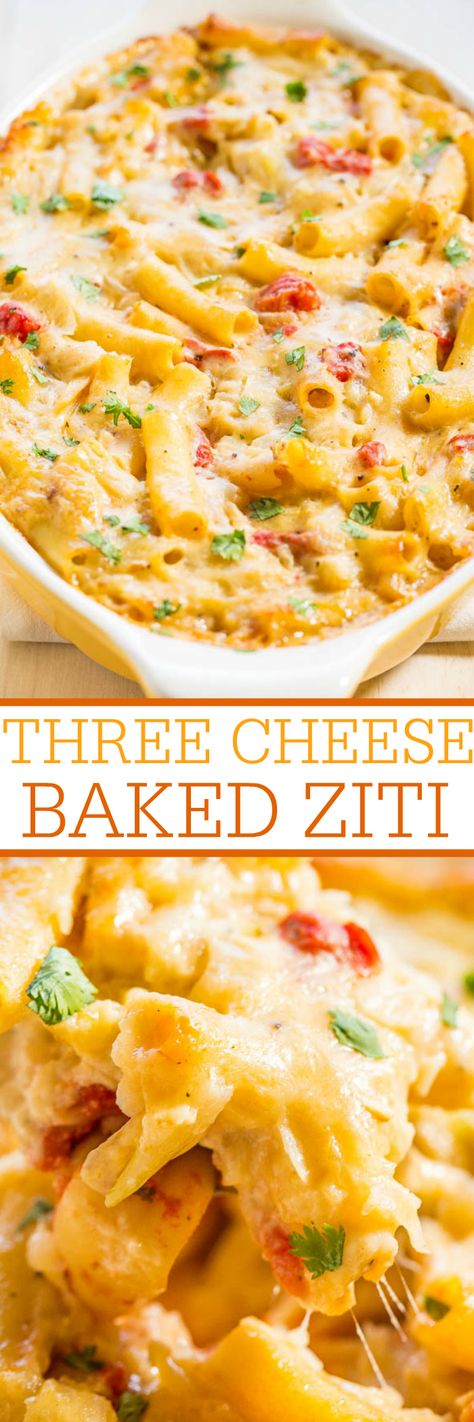 Three Cheese Baked Ziti - Mozzarella, fontina, and parmesan melted together are divine!! An easy, make-ahead meal that's also freezer-friendly and so tasty!! The whole family will love it! Cheese Baked Ziti, Recipes Cheese, Easy Baked Ziti, Ziti Recipes, Baked Ziti Recipe, Lent Recipes, Cheese Baked, Meatless Dinner, Mac And Cheese Recipe