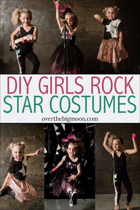 DIY Girls Rock Star Costumes - use store bought clothes and customize them with Iron On Vinyl, etc to make these awesome DIY Girls Rock Star Costumes! From overthebigmoon.com! Pop Star Dress Up Ideas, Rock Star Hair For Kids, Rock Star Dress Up Day School, Kids Rockstar Costume Diy, Rock And Roll Dress Up Day, Rockstar Dress Up Day At School, Rockstar Costume Girl, Dress Like A Rock Star Day At School, Rockstar Day At School