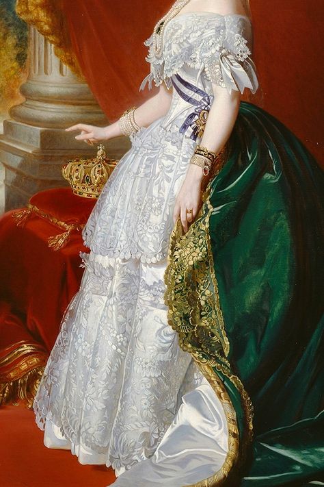 Empress Eugenie in Court Dress (detail), by Franz Xaver Winterhalter, 1853. Oil on canvas. Winterhalter Portraits, Empress Eugenie, Franz Xaver Winterhalter, This Side Of Paradise, Royal Clothes, Baroque Painting, Dress Painting, Court Dresses, Fairytale Fashion