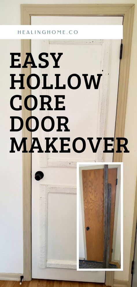 There are some things about my home that I really despise, one of them are my hollow core doors. Which makes me infuriated. I'll explain more on that later, but what I discovered is that a hollow core door makeover was not only possible, but super easy! #diyproject #diydoor #hollowcoredoor #hollowcoredoormakeover #hollowcoredoorremodel #homediy #homedoor #easydoorremodel #whitewalls #doorpanelsdiy #doorpanels Update Hollow Core Doors, Hollow Core Door Makeover Diy, Hollow Door Makeover, Hollow Core Door Makeover, Old Wood Ladder, Hollow Core Door, Update Doors, Bifold Doors Makeover, Diy Interior Doors