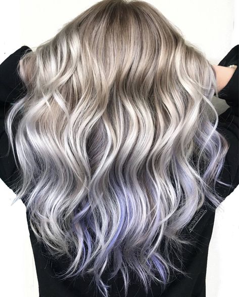 Platinum With Purple Highlights, Icy Blonde With Lavender Highlights, Purple Balayage Blonde Hair, Blonde With Lilac Peekaboo, Lavender Babylights Hair, Blonde Balayage With Blue Peekaboo, Amethyst Blonde Hair, Light Purple Balayage Blondes, Platinum Blonde Hair With Purple Tint