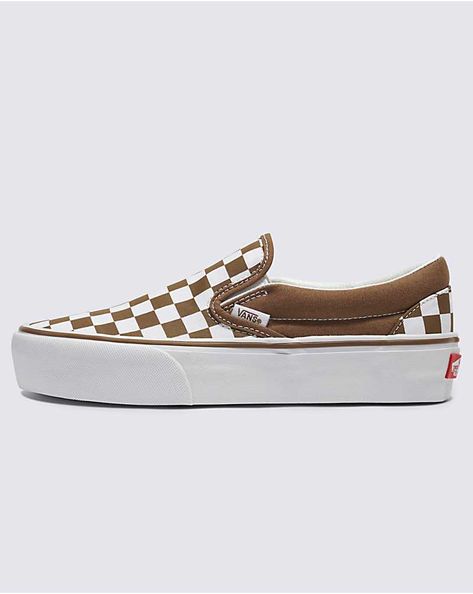 Classic Slip-On Platform Shoe Fall Women Shoes, Vans For Women Shoes, Brown Checkered Vans, 2024 Fall Shoes, Cute Brown Shoes, Vans Old Skool Women, Platform Aesthetic, Platforms Aesthetic, Customized Vans