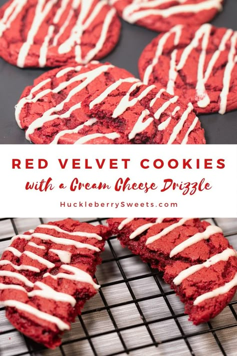 Cookies With Drizzle Icing, Red Velvet Cookies With Cream Cheese Icing, Red Velvet Cake Mix Cookies Cream Cheese, Cookie Drizzle Icing, Red Velvet Cake Box Cookies, Red Velvet Cookies With Cream Cheese, Red Velvet Cream Cheese Cookies, Cream Cheese Drizzle Icing, Red Velvet Cookies From Cake Mix Easy