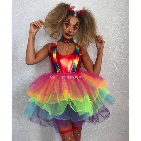 Neon Clown Costume, Clown Costume Ideas For Women, Crazy Clown Costume, Red Clown Costume, Rainbow Braces, Cute Clown Costume, Rainbow Halloween Costume, Clown Halloween Costume, Rainbow Clown